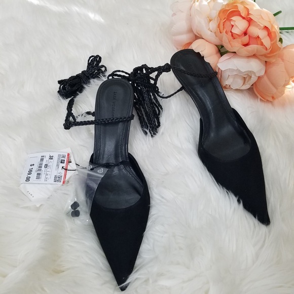 NWT Zara Black Leather Strappy Wraparound Heels - Picture 7 of 8